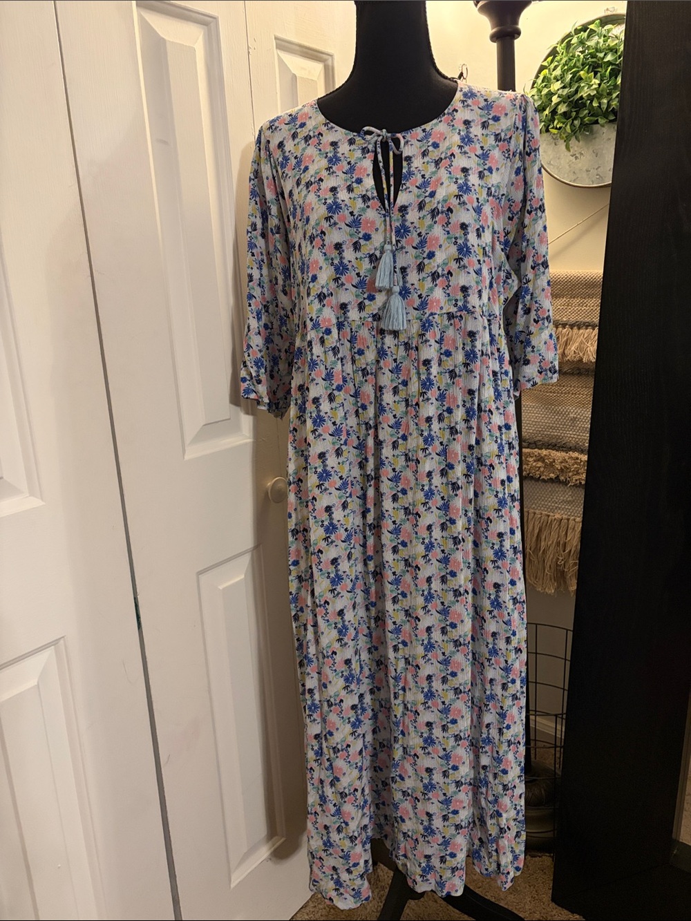 Boden Pastel Floral Tie-Front Midi Dress with Tassel
